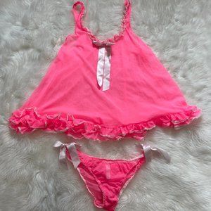 NWOT Victoria's Secret Pink Sheer Mesh Babydoll Set lace ruffle trim, bows Large
